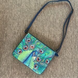 Anuschka Triple Compartment Crossbody Jeweled Plume Peacock Hand Painted Purse